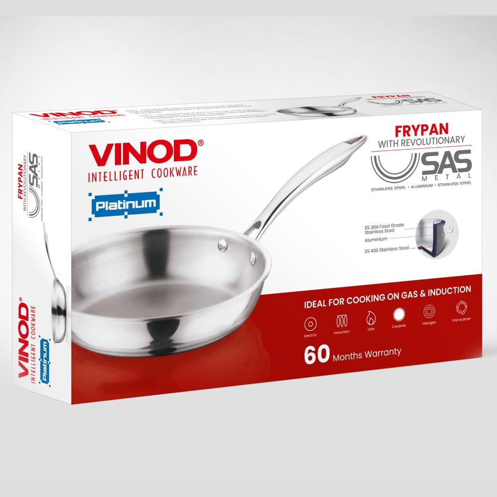 Vinod Platinum Triply Stainless Steel Deep Frying Pan with Lid - 2.5 L, 22 cm | 2.5 mm Thick Tri ply Cookware | Heavy-Bottom Frypan for Healthy, Low-Oil Cooking | Induction and Gas Compatible