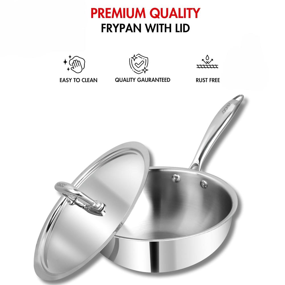 Vinod Platinum Triply Stainless Steel Deep Frying Pan with Lid - 2.5 L, 22 cm | 2.5 mm Thick Tri ply Cookware | Heavy-Bottom Frypan for Healthy, Low-Oil Cooking | Induction and Gas Compatible