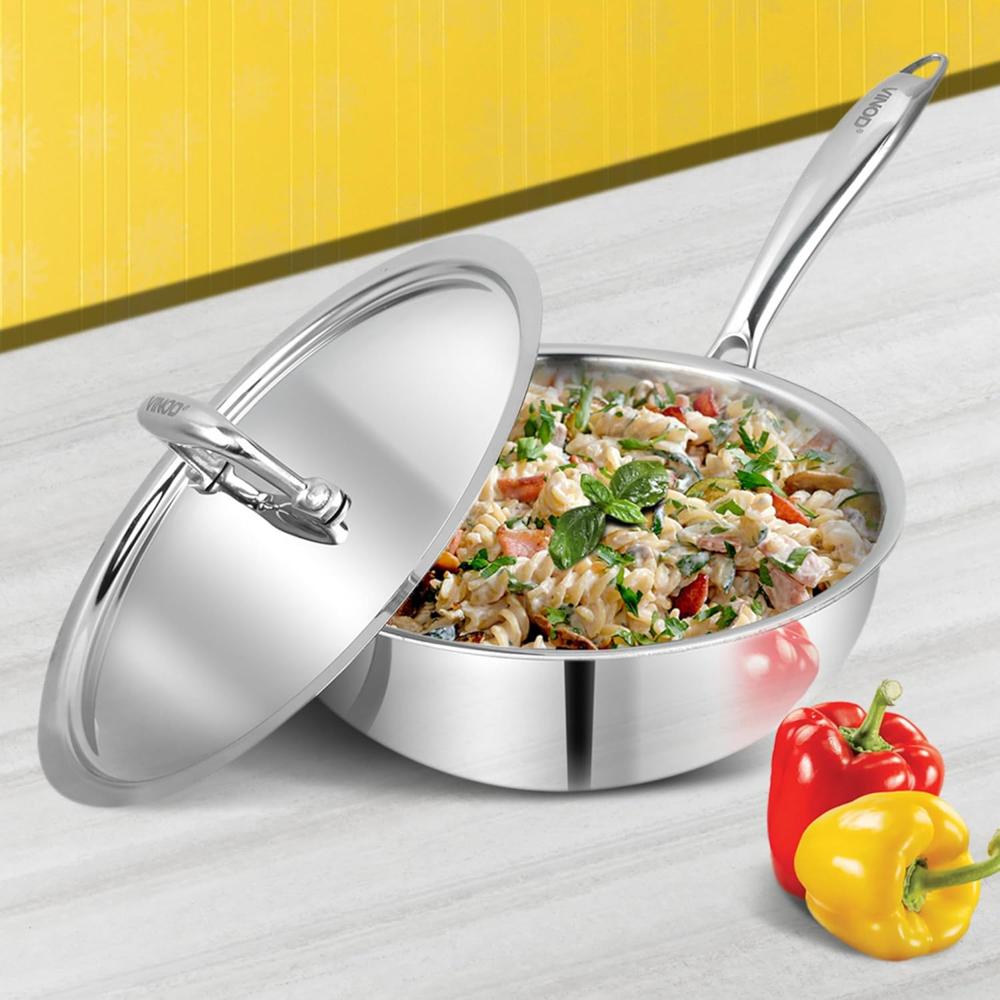 Vinod Platinum Triply Stainless Steel Deep Frying Pan with Lid - 2.5 L, 22 cm | 2.5 mm Thick Tri ply Cookware | Heavy-Bottom Frypan for Healthy, Low-Oil Cooking | Induction and Gas Compatible
