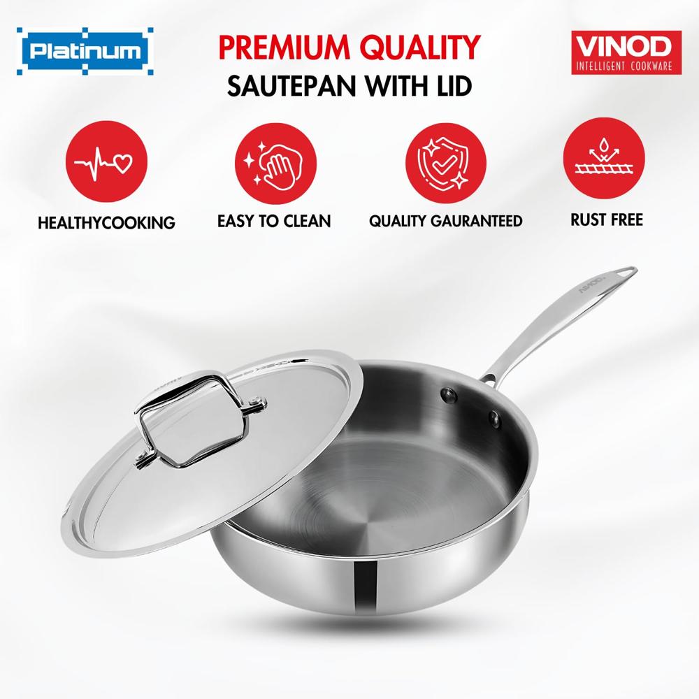 Vinod Platinum Triply Stainless Steel Sautepan with Lid - 2.6 Litre, 24 cm 