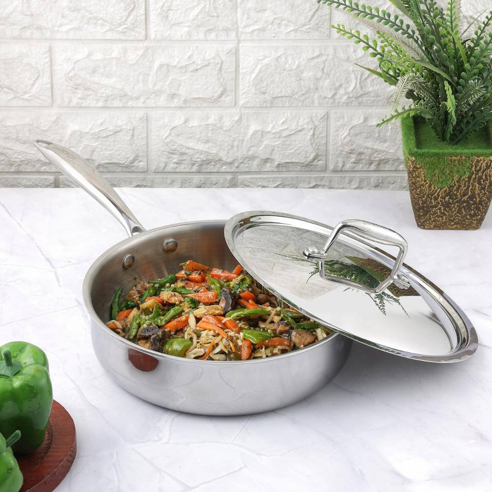 Vinod Platinum Triply Stainless Steel Sautepan with Lid - 2.6 Litre, 24 cm 