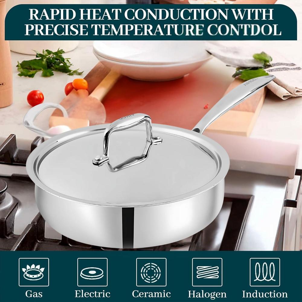 Vinod Platinum Triply Stainless Steel Sautepan with Lid - 2.6 Litre, 24 cm 