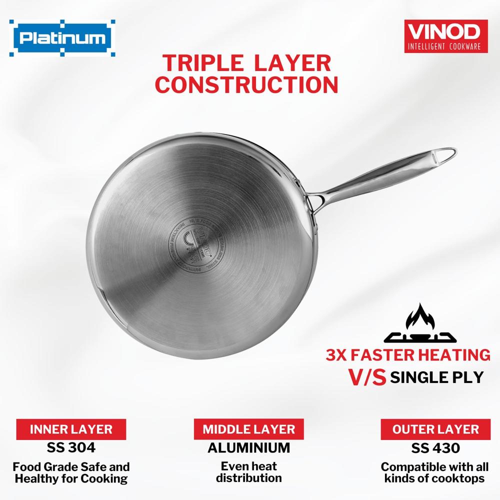Vinod Platinum Triply Stainless Steel Sautepan with Lid - 2.6 Litre, 24 cm 