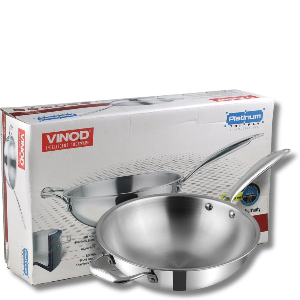 Vinod Platinum Triply Stainless Steel Wok - 3.2 Litre, 26 cm | Riveted Handle | Stir, Shallow Fry/Noodles/Curry/Fried Rice | Induction Base | 5 Year Warranty - Silver