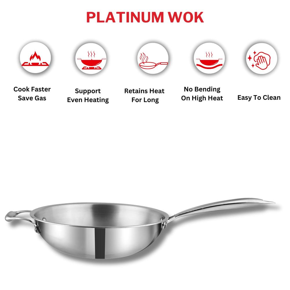Vinod Platinum Triply Stainless Steel Wok - 3.2 Litre, 26 cm | Riveted Handle | Stir, Shallow Fry/Noodles/Curry/Fried Rice | Induction Base | 5 Year Warranty - Silver