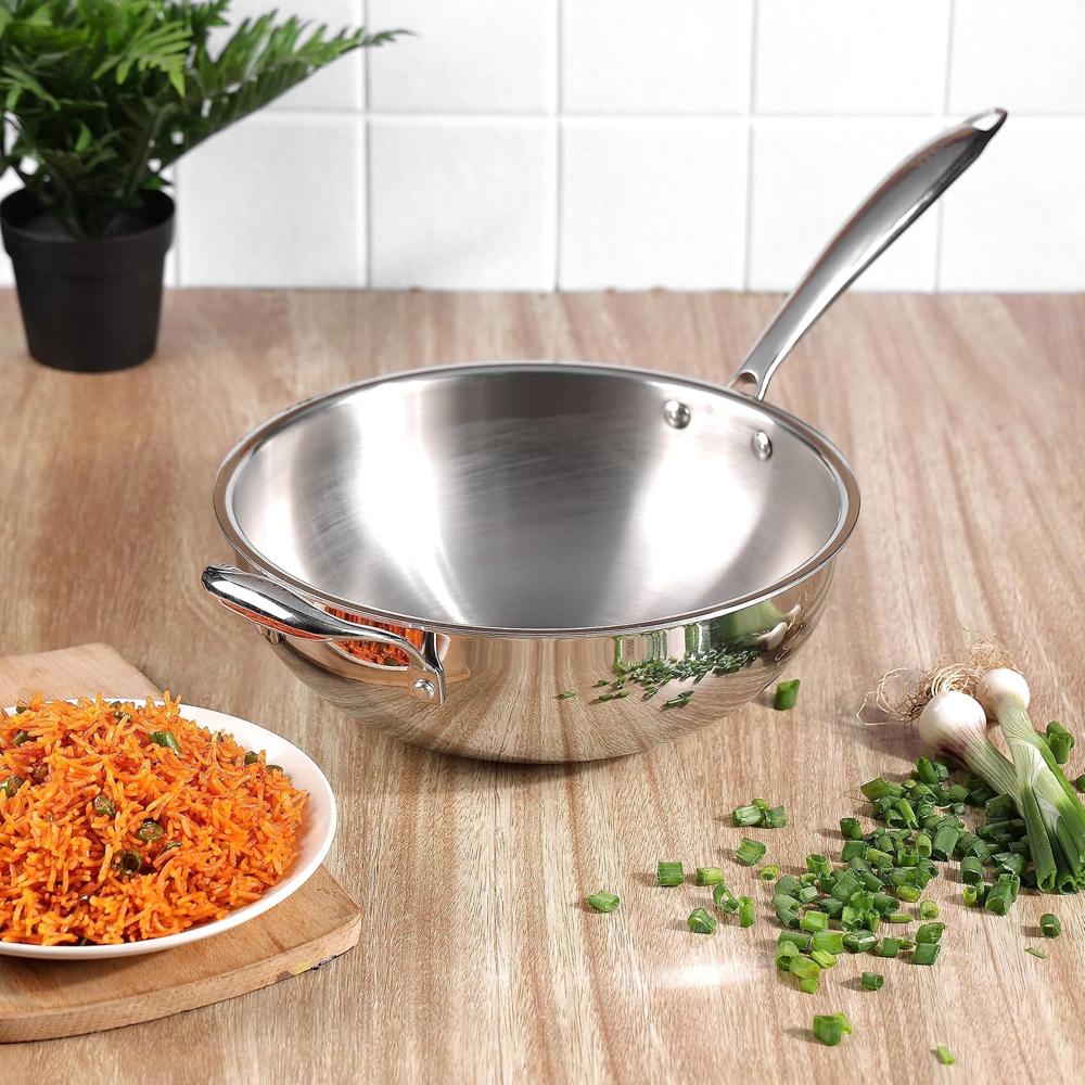 Vinod Platinum Triply Stainless Steel Wok - 3.2 Litre, 26 cm | Riveted Handle | Stir, Shallow Fry/Noodles/Curry/Fried Rice | Induction Base | 5 Year Warranty - Silver
