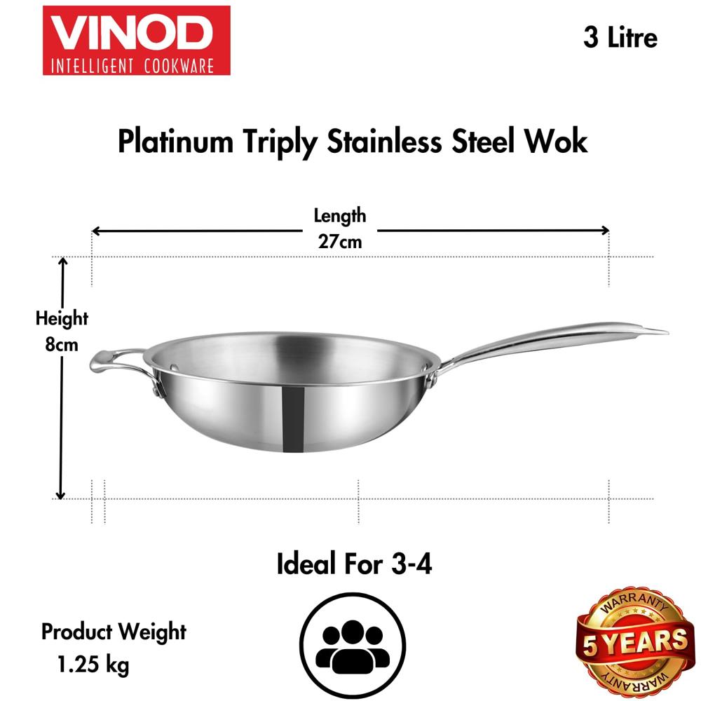 Vinod Platinum Triply Stainless Steel Wok - 3.2 Litre, 26 cm | Riveted Handle | Stir, Shallow Fry/Noodles/Curry/Fried Rice | Induction Base | 5 Year Warranty - Silver