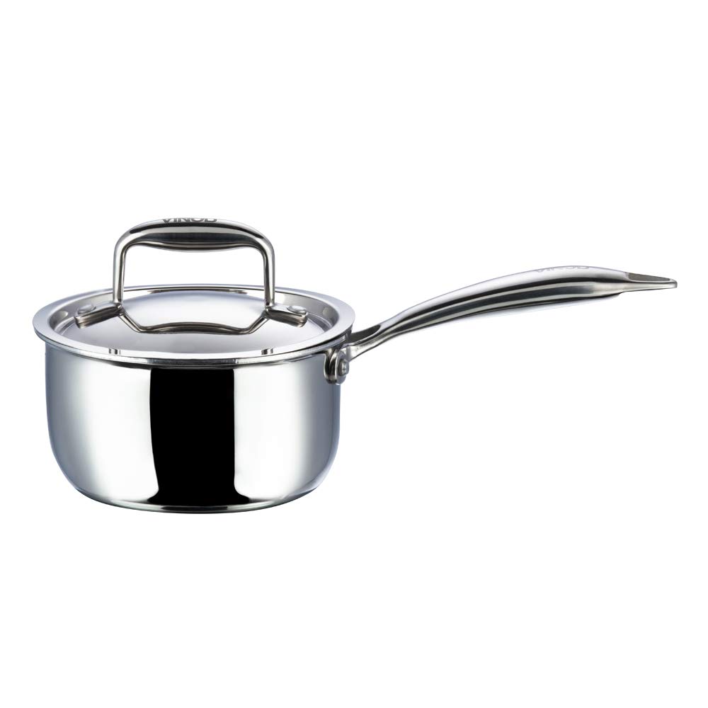Vinod Platinum Triply Stainless Steel Saucepan with Lid - 1.2 litres (14 cm) | 2.5 mm Thick | Tea, Chai Pan | 5 Year Warranty | Induction & Gas Friendly, Heavy Bottom - Silver