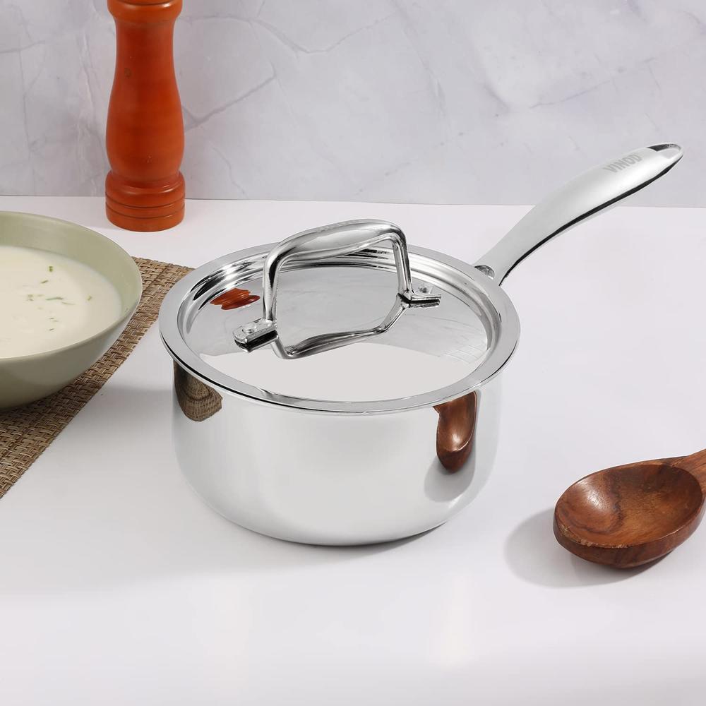 Vinod Platinum Triply Stainless Steel Saucepan with Lid - 1.2 litres (14 cm) | 2.5 mm Thick | Tea, Chai Pan | 5 Year Warranty | Induction & Gas Friendly, Heavy Bottom - Silver