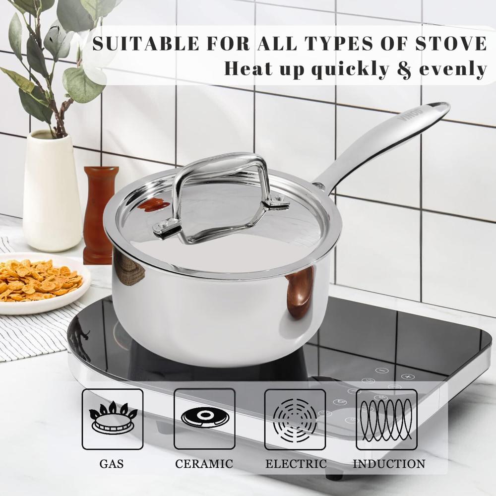 Vinod Platinum Triply Stainless Steel Saucepan with Stainless Steel Lid 1.6 Liters Capacity (16 cm Diameter) with Riveted Handle - Silver (Induction and Gas Stove Friendly)