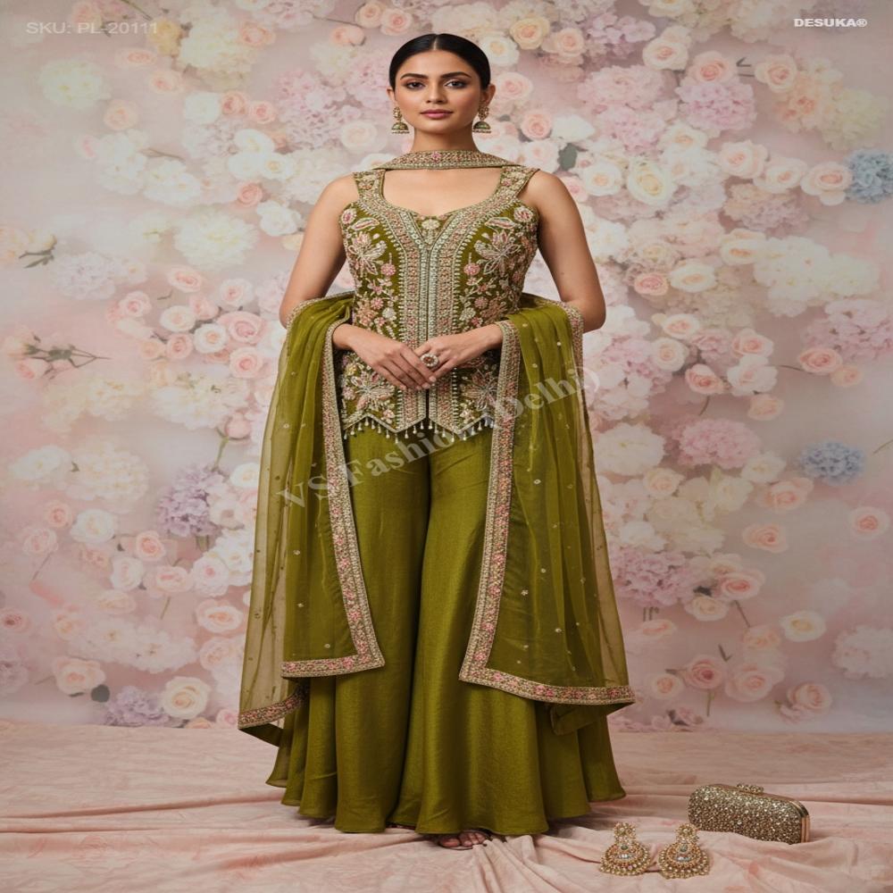 PL- 20111 Peplum Embroidered Palazzo