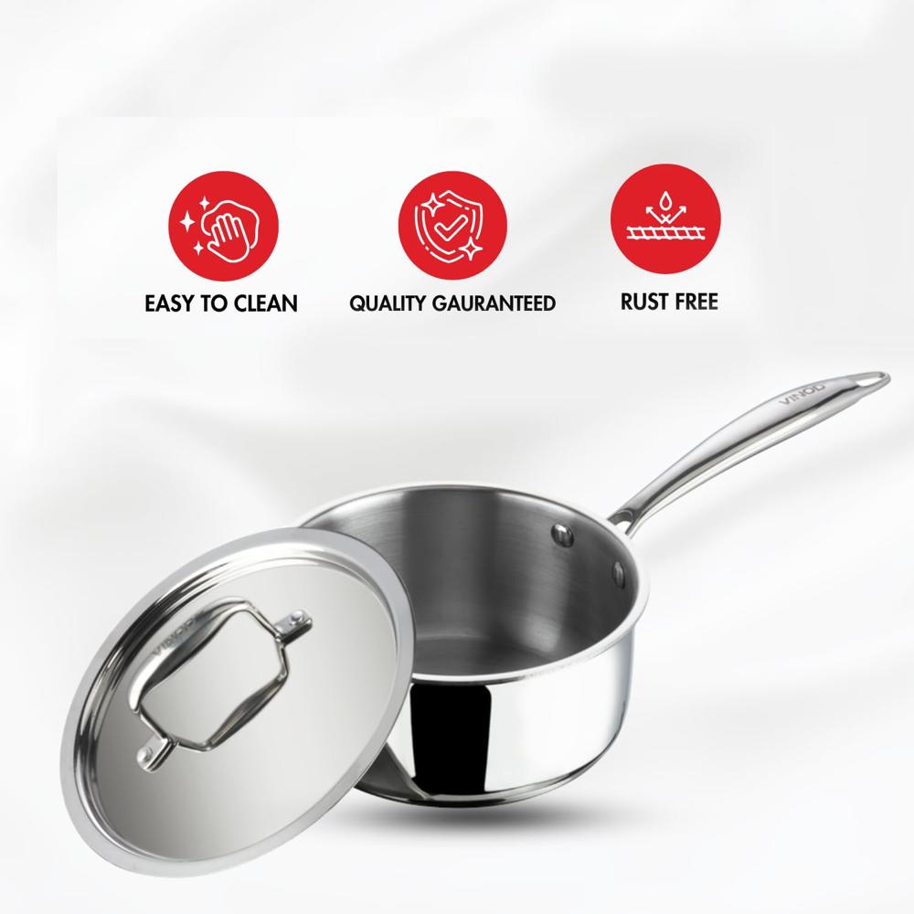 Vinod Platinum Triply Stainless Steel Saucepan with Lid - 2.2 litres (18 cm) | 2.5 mm Thick | Tea, Chai Pan | 5 Year Warranty | Induction & Gas Friendly, Heavy Bottom - Silver