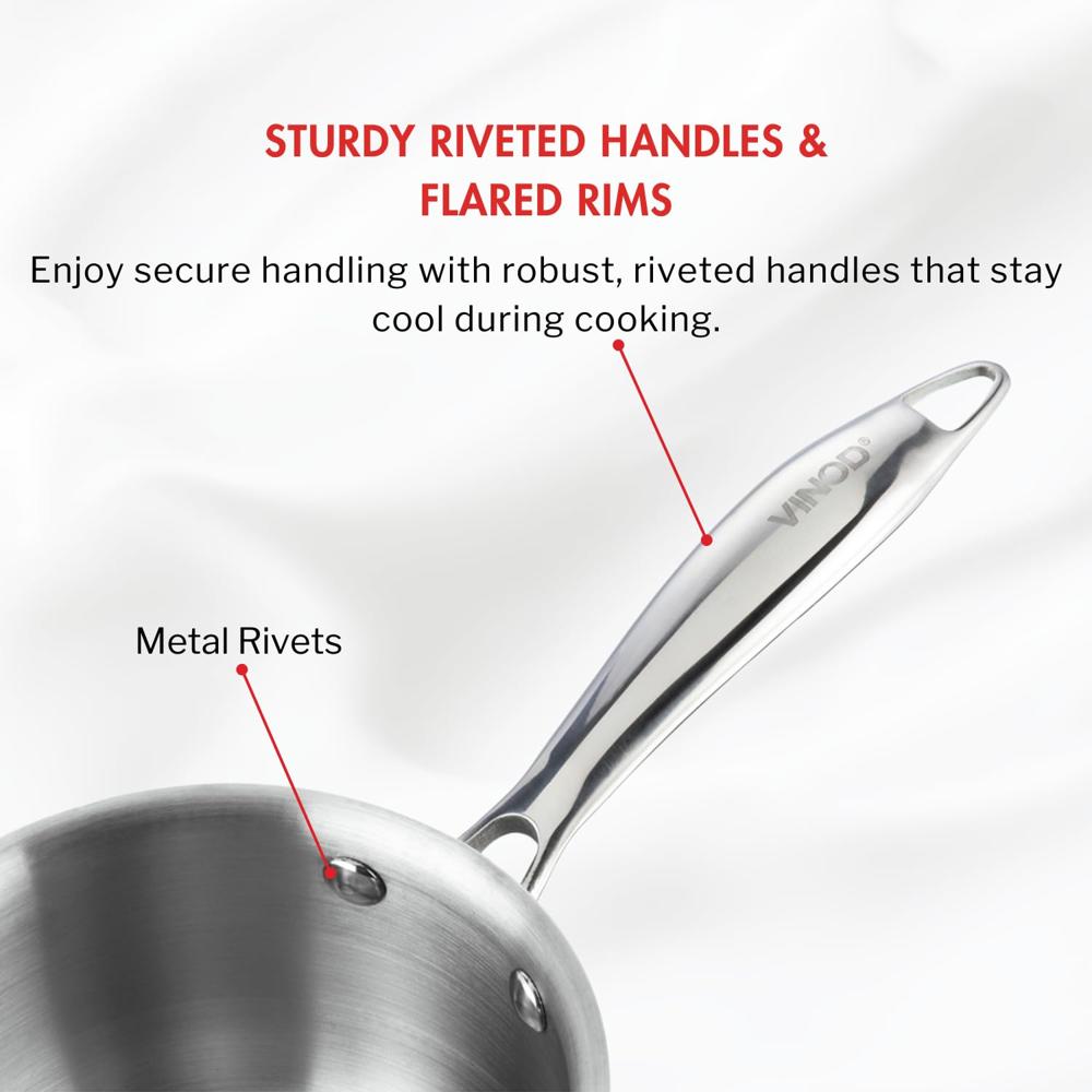 Vinod Platinum Triply Stainless Steel Saucepan with Lid - 2.2 litres (18 cm) | 2.5 mm Thick | Tea, Chai Pan | 5 Year Warranty | Induction & Gas Friendly, Heavy Bottom - Silver