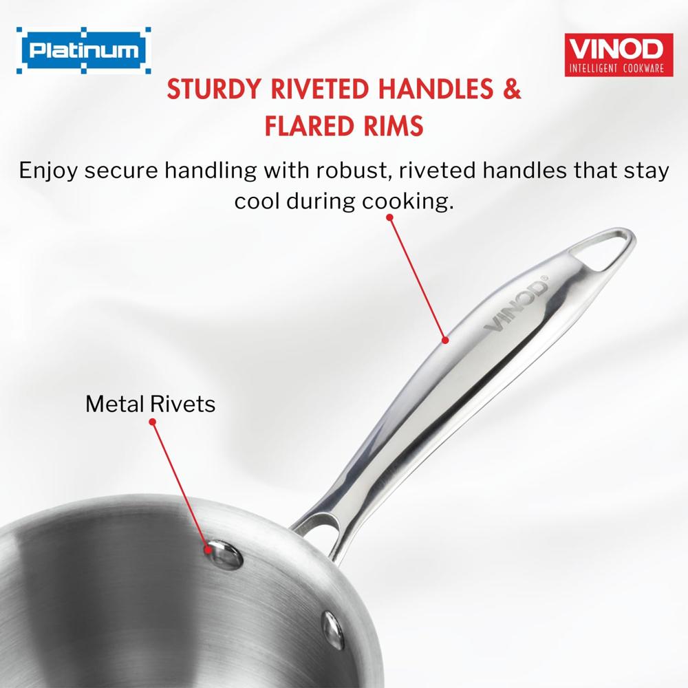 Vinod Platinum Triply Stainless Steel Saucepan with Stainless Steel Lid 3 litres Capacity (20 cm Diameter) with Riveted Handle - Silver (Induction and Gas Stove Friendly)