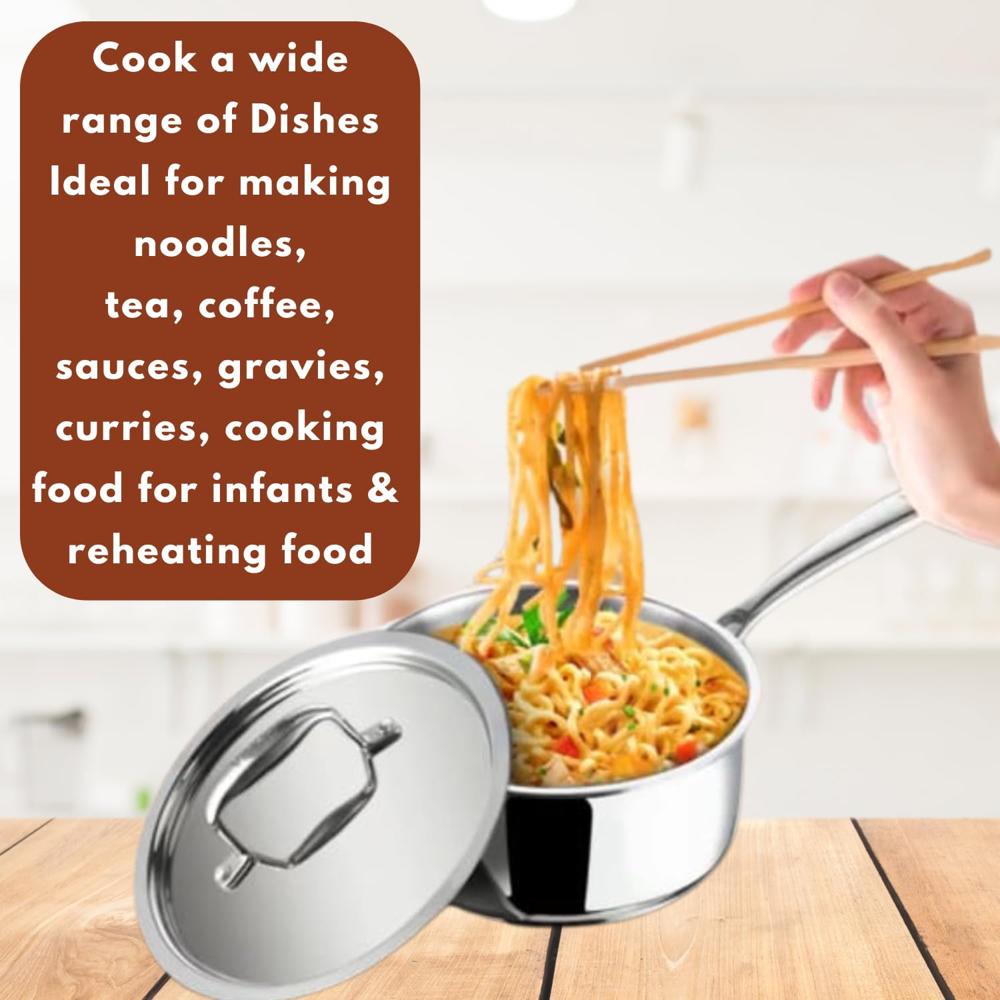 Vinod Platinum Triply Stainless Steel Saucepan with Stainless Steel Lid 3 litres Capacity (20 cm Diameter) with Riveted Handle - Silver (Induction and Gas Stove Friendly)