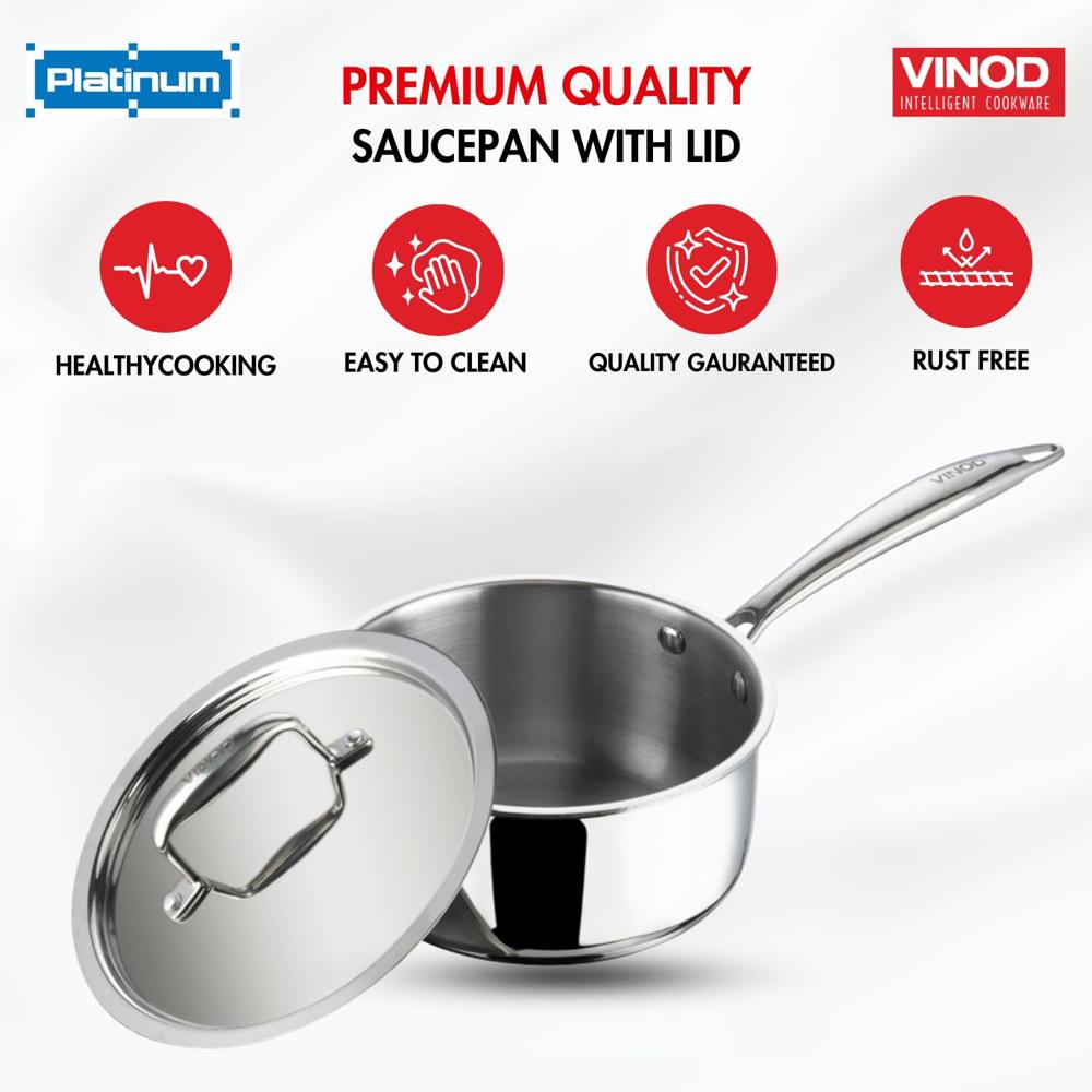 Vinod Platinum Triply Stainless Steel Saucepan with Stainless Steel Lid 3 litres Capacity (20 cm Diameter) with Riveted Handle - Silver (Induction and Gas Stove Friendly)