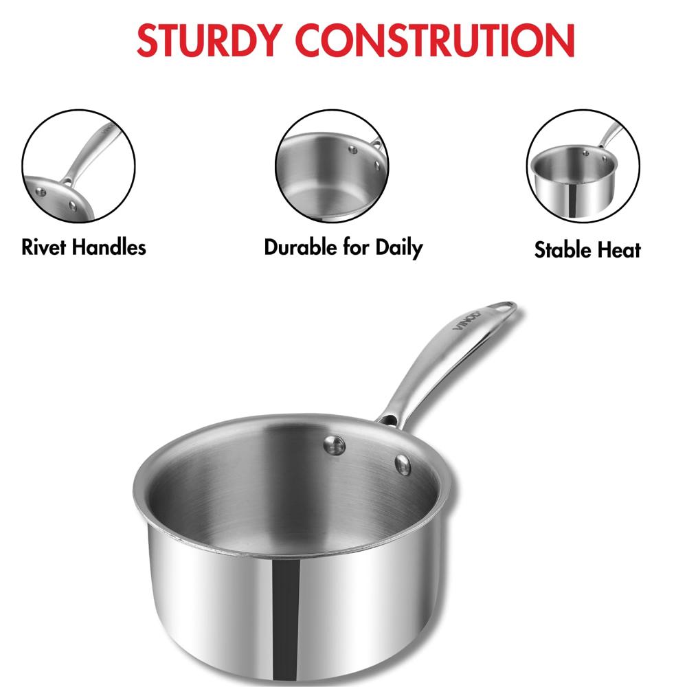 Vinod Platinum Triply Stainless Steel Milkpan - 1.2 Litre, 14 cm | Easy Pour Spout | Tea/Milk/Chai Pan | Rivetted Sturdy Handle | Induction & Gas Base | 5 Year Warranty