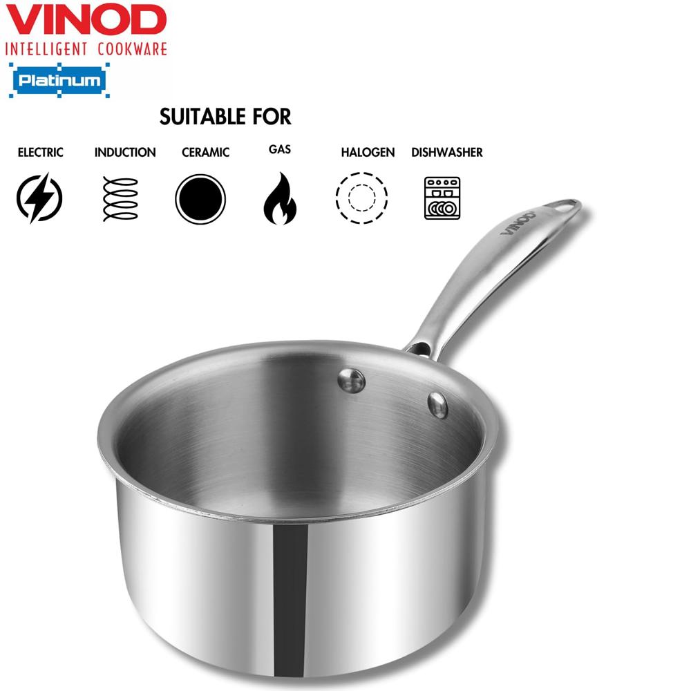 Vinod Platinum Triply Stainless Steel Milkpan - 1.2 Litre, 14 cm | Easy Pour Spout | Tea/Milk/Chai Pan | Rivetted Sturdy Handle | Induction & Gas Base | 5 Year Warranty