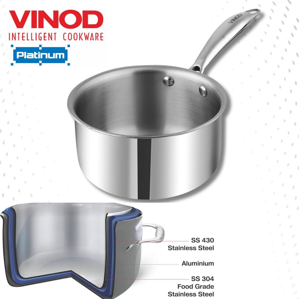 Vinod Platinum Triply Stainless Steel Milkpan - 1.2 Litre, 14 cm | Easy Pour Spout | Tea/Milk/Chai Pan | Rivetted Sturdy Handle | Induction & Gas Base | 5 Year Warranty