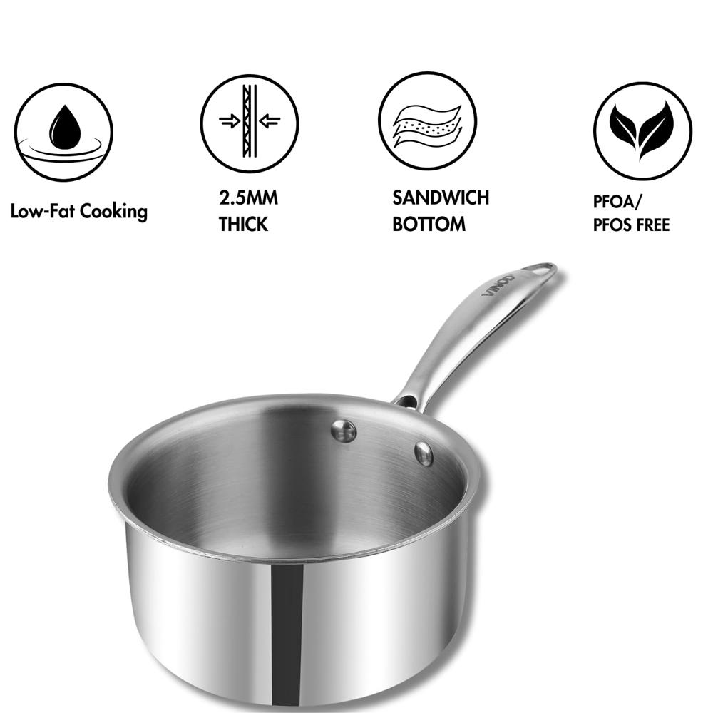 Vinod Platinum Triply Stainless Steel Milkpan - 1.2 Litre, 14 cm | Easy Pour Spout | Tea/Milk/Chai Pan | Rivetted Sturdy Handle | Induction & Gas Base | 5 Year Warranty