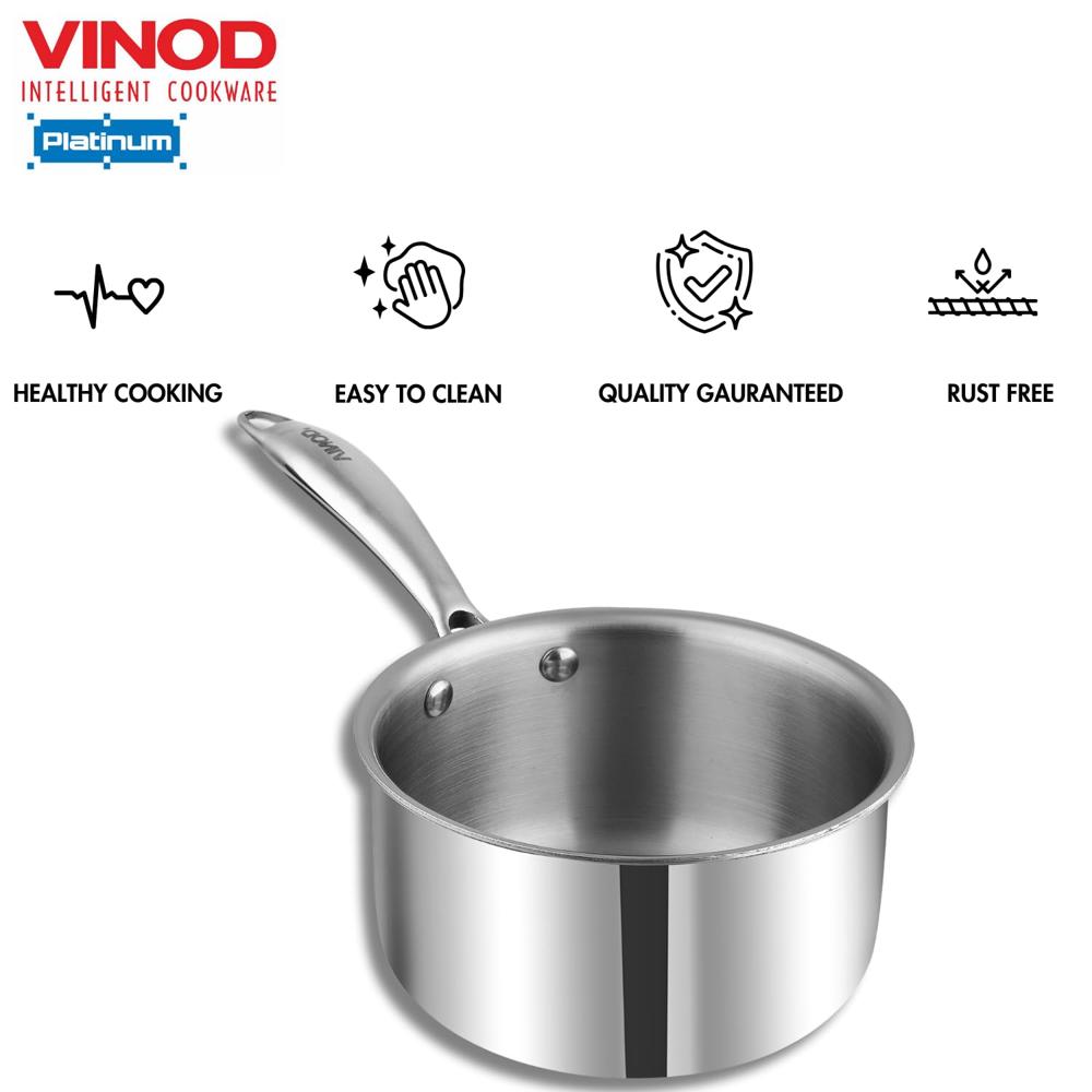 Vinod Platinum Triply Stainless Steel Milkpan - 1.2 Litre, 14 cm | Easy Pour Spout | Tea/Milk/Chai Pan | Rivetted Sturdy Handle | Induction & Gas Base | 5 Year Warranty