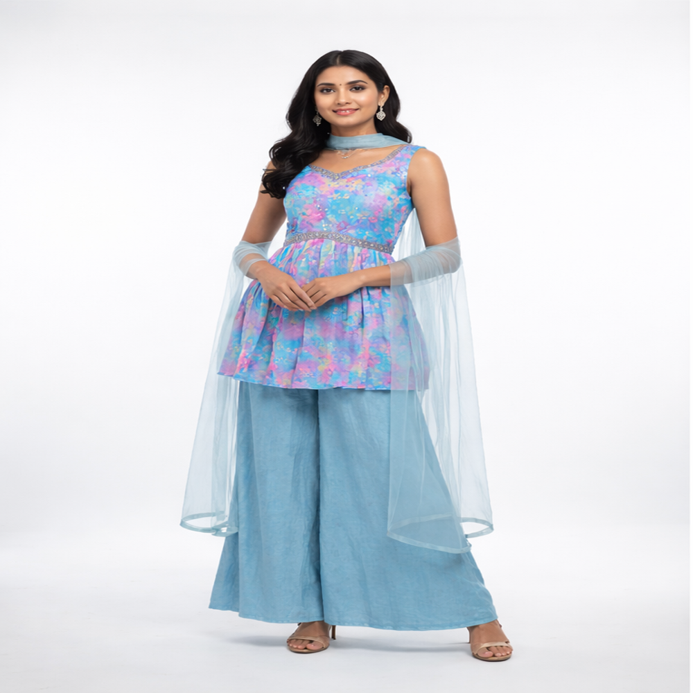 PL-20028 Chiffon Floral Peplum Palazzo