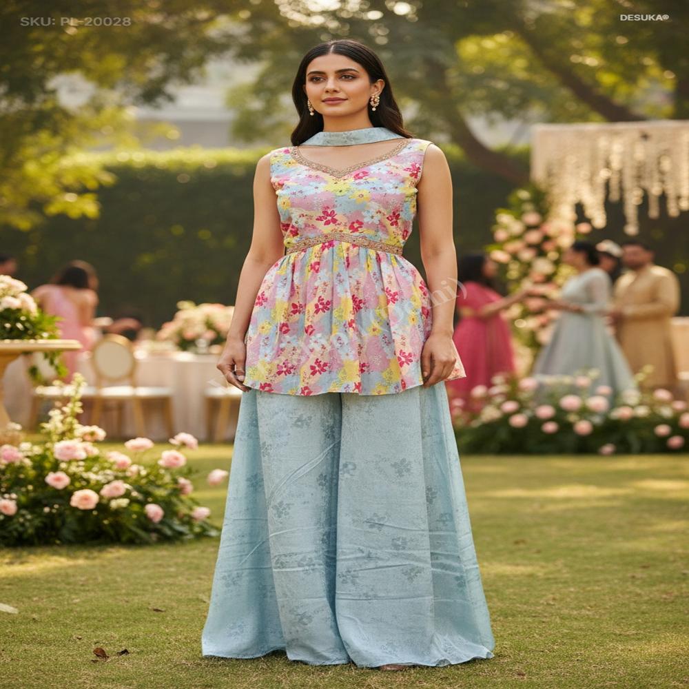 PL-20028 Chiffon Floral Peplum Palazzo