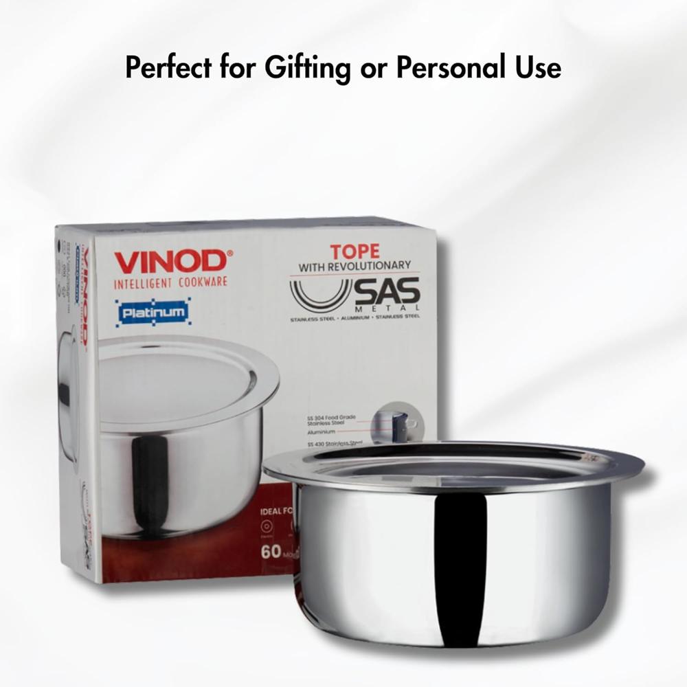 Vinod Platinum Triply Stainless Steel Tope with Stainless Steel Lid 1.7 litres Capacity (16 cm Diameter) - Silver (Induction and Gas Stove Friendly), 5 Years Warranty