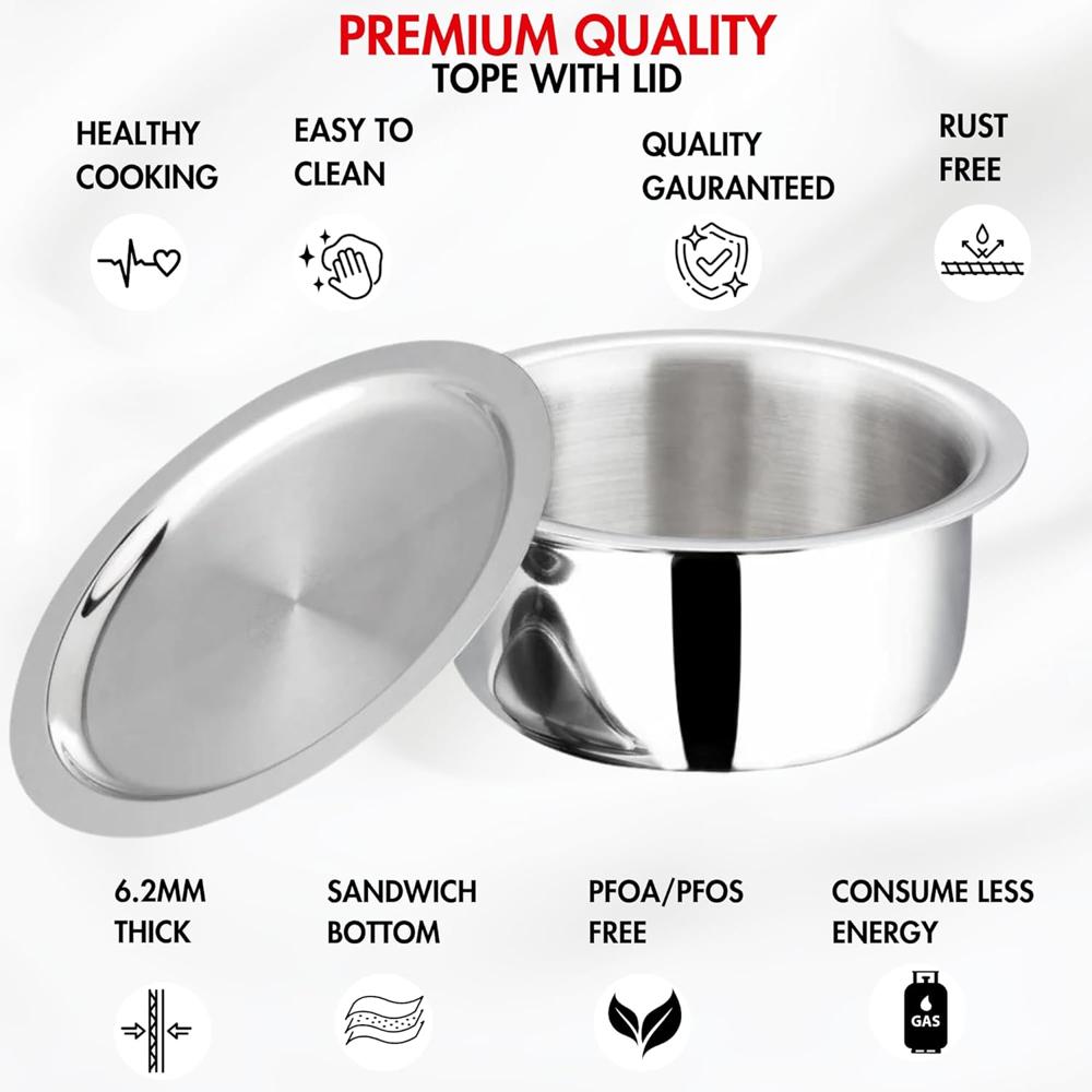 Vinod Platinum Triply Stainless Steel Tope with Stainless Steel Lid 2.5 litres Capacity (18 cm Diameter) - Silver (Induction and Gas Stove Friendly), 5 Years Warranty