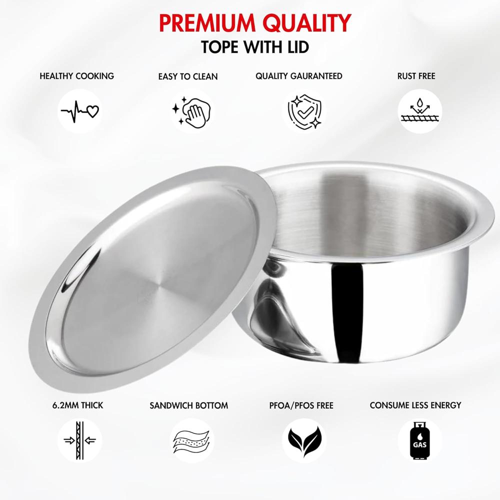 Vinod Platinum Triply Stainless Steel Tope with Stainless Steel Lid 10.5 litres Capacity (32 cm Diameter) - Silver (Induction and Gas Stove Friendly), 5 Years Warranty