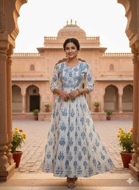 Anarkali Embroidered Kurtis - Cotton Blend, Ankle Length, White With Blue Embroidery, 3/4th Sleeves, Flared Silhouette