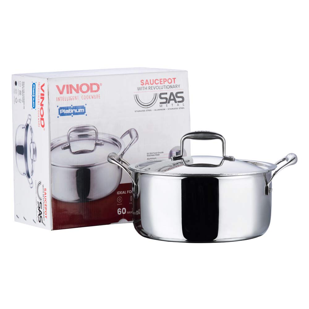 Vinod Platinum Triply Stainless Steel Saucepot with Lid - 2.2 Litre, 18 cm | 2.5mm Thick | SAS Bottom | Biryani Pot | Induction and Gas Base | 5 Year Warranty - Silver