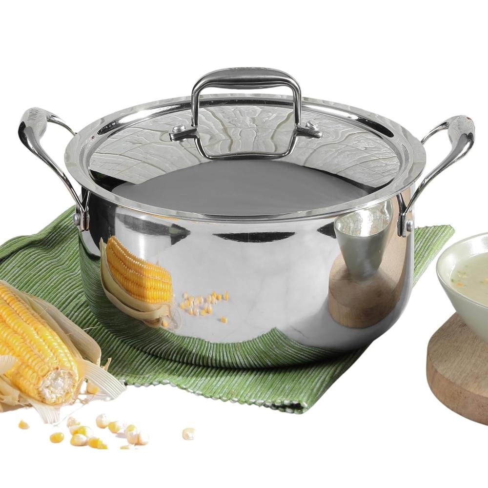 Vinod Platinum Triply Stainless Steel Saucepot With Stainless Steel Lid 4 Litres Capacity (22 Cm Diameter) With Riveted Handles - Silver (induction And Gas Stove Friendly) - Surface Finish: Na