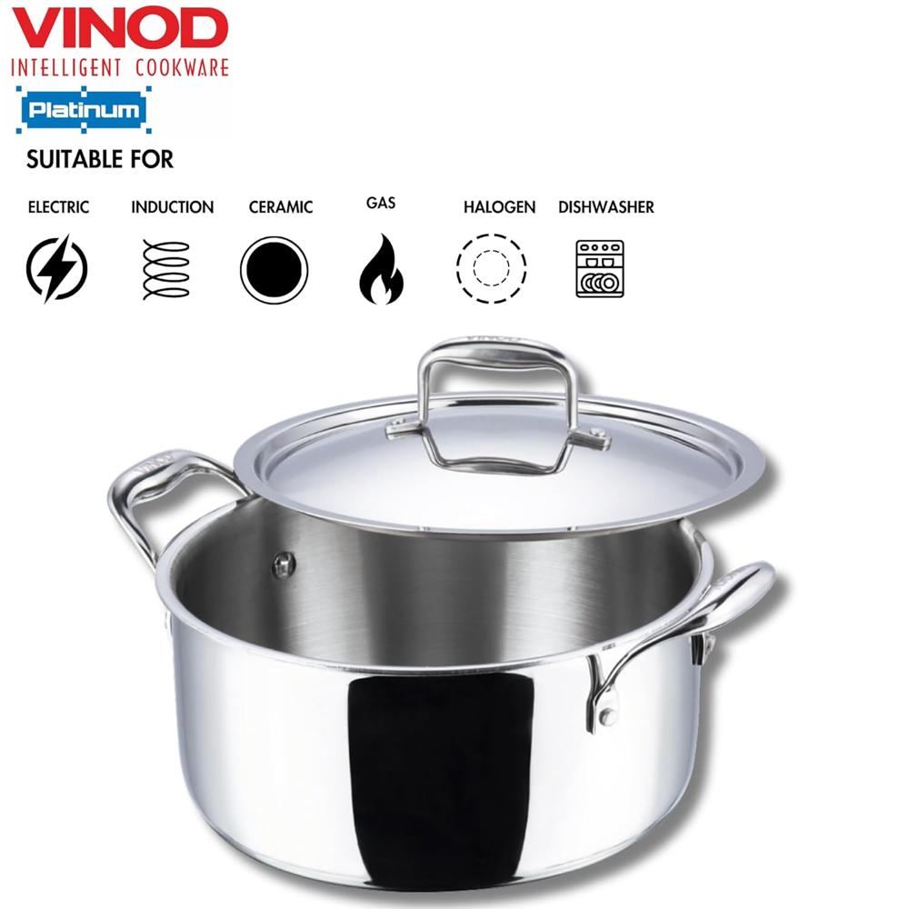 Vinod Platinum Triply Stainless Steel Saucepot with Stainless Steel Lid 4 litres Capacity (22 cm Diameter) with Riveted Handles - Silver (Induction and Gas Stove Friendly)