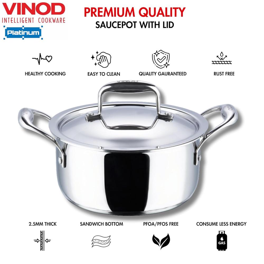 Vinod Platinum Triply Stainless Steel Saucepot with Lid 5L (24 cm) | 2.5 mm Thick Base | Multi-Purpose Biryani & Curry Pot