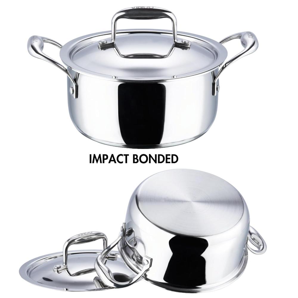 Vinod Platinum Triply Stainless Steel Saucepot with Stainless Steel Lid 8 litres Capacity (30cm Diameter) with Riveted Handles - Silver (Induction and Gas Stove Friendly)