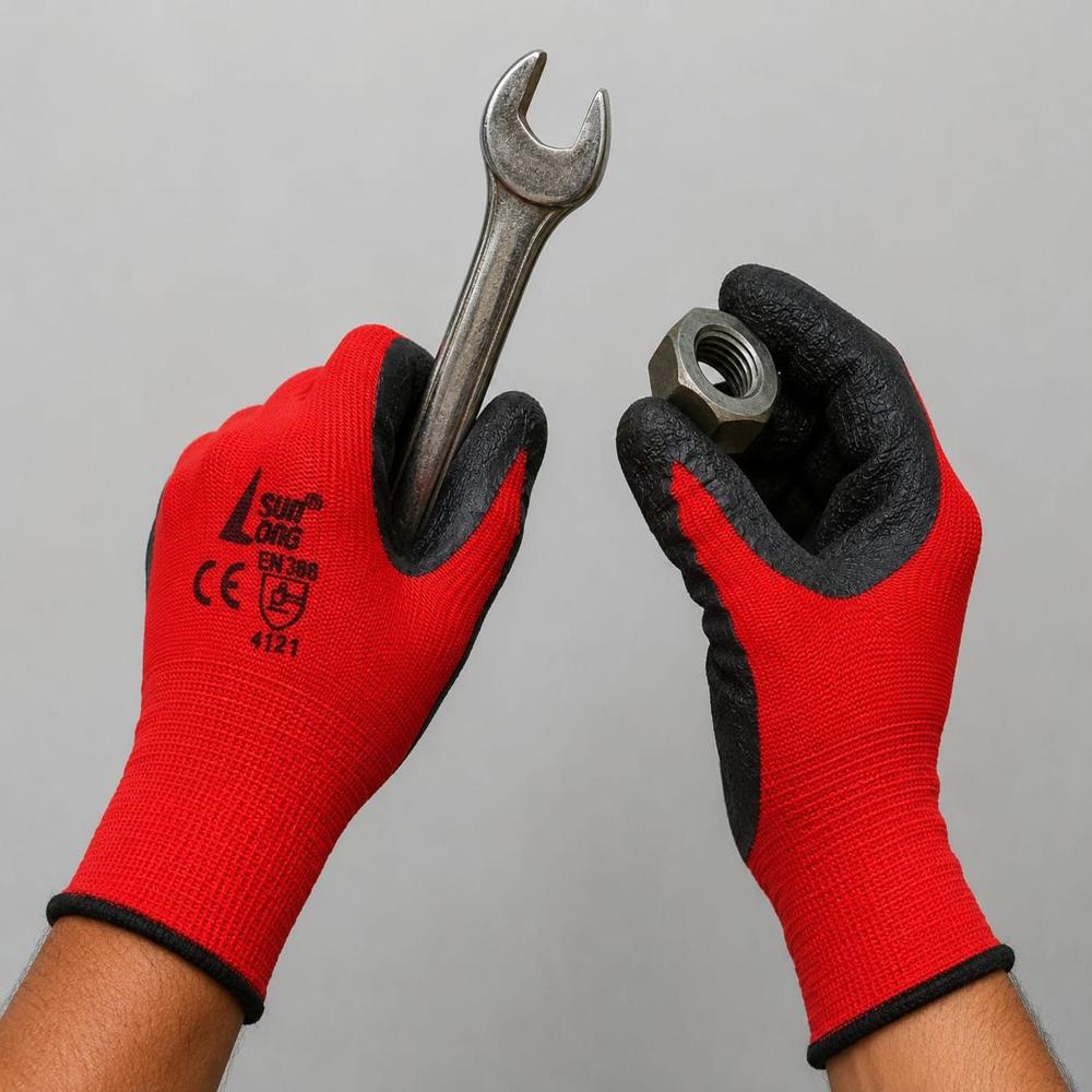 Sunlong Latex Dip Hand Gloves - Latex Examination Gloves, Full Finger Style, Red/black Color