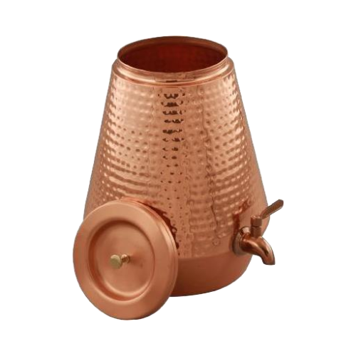 Copper Cone Tank - Pure Copper, Custom Sizes, Reddish Brown, Polished Hammered Finish, Food Grade, Detachable Lid, Brass or Stainless Steel Tap
