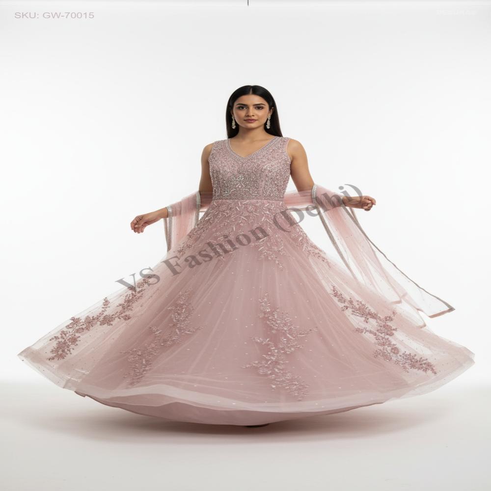 GW-70015 Net Gown with Matching Dupatta Set