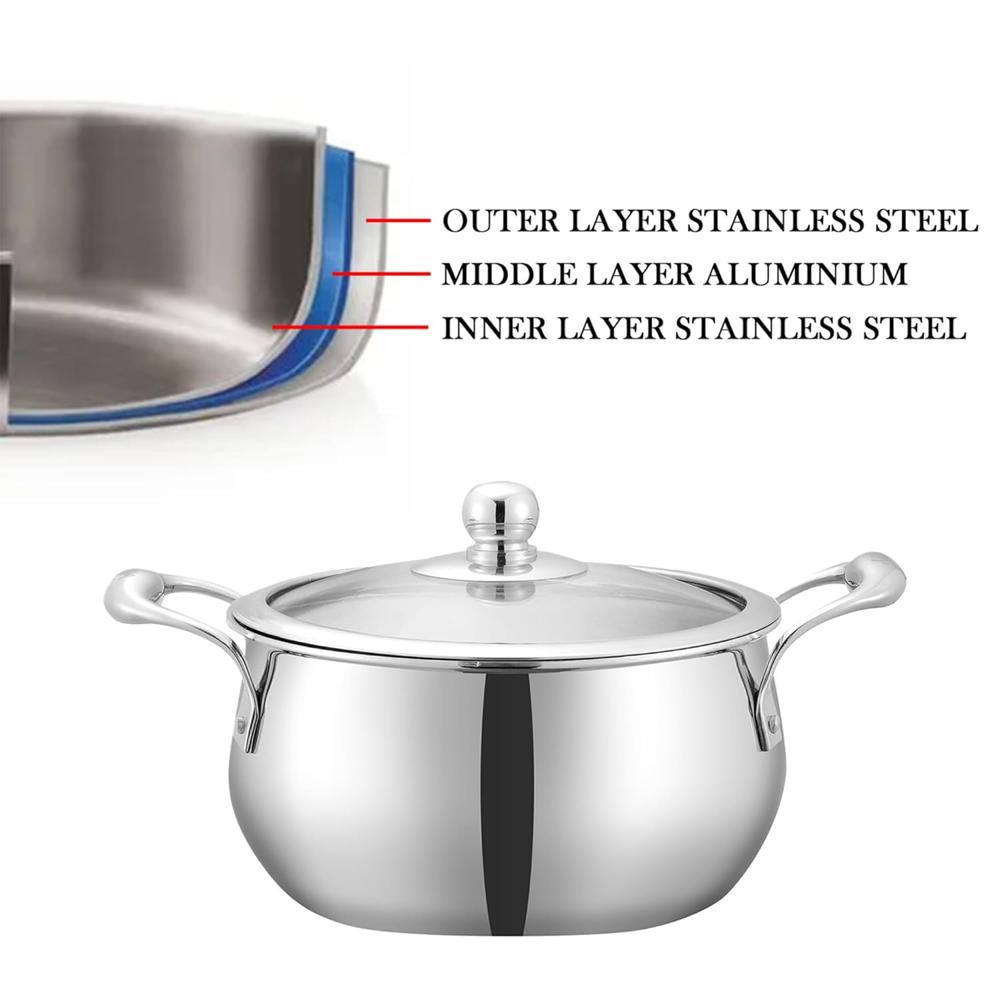 Vinod Belly Shape Platinum Triply Stainless Steel Saucepot - 2.5 Litre, 18cm | Glass Lid | Biryani Pot | Rivetted Handle | Induction & Gas Base - 5 Year Warranty