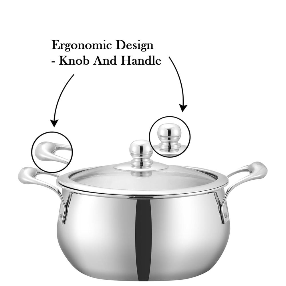 Vinod Belly Shape Platinum Triply Stainless Steel Saucepot - 3.7 Litre, 20cm | Glass Lid | Biryani Pot | Rivetted Handle | Induction & Gas Base - 5 Year Warranty
