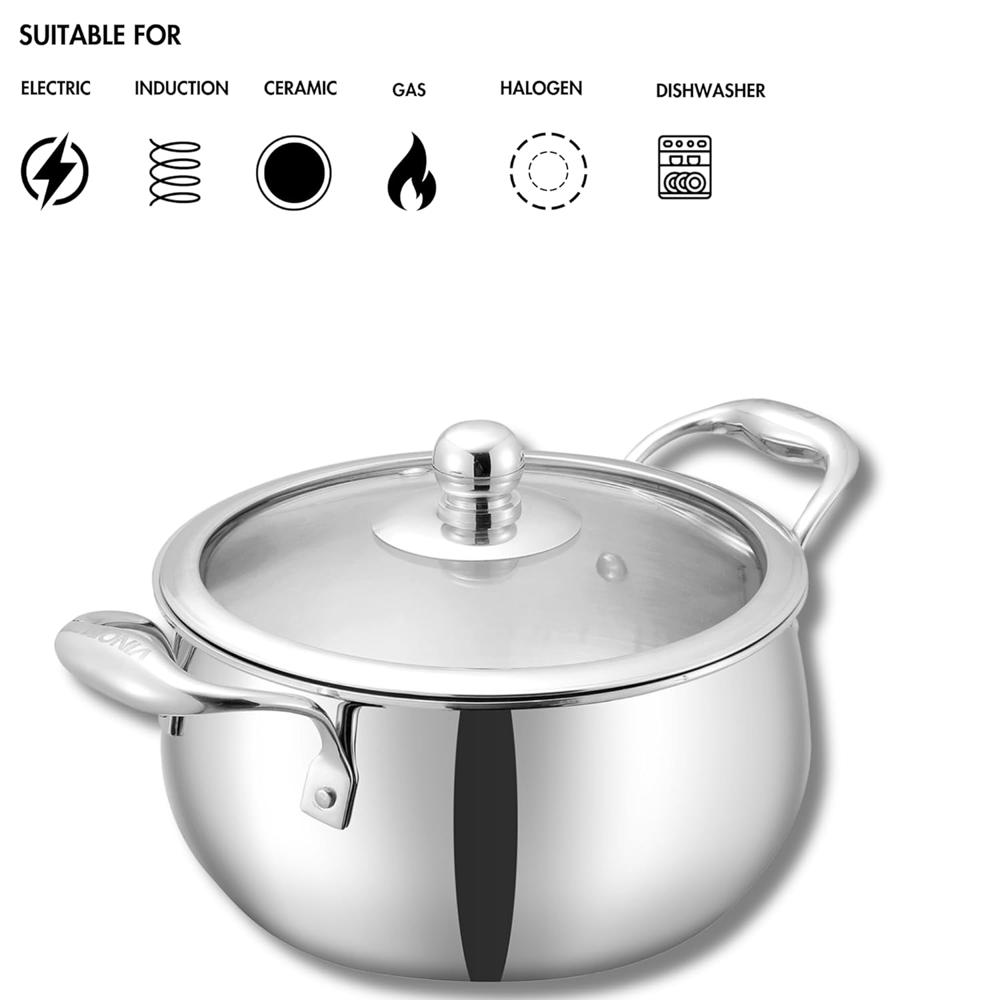 Vinod Belly Shape Platinum Triply Stainless Steel Saucepot - 3.7 Litre, 20cm | Glass Lid | Biryani Pot | Rivetted Handle | Induction & Gas Base - 5 Year Warranty