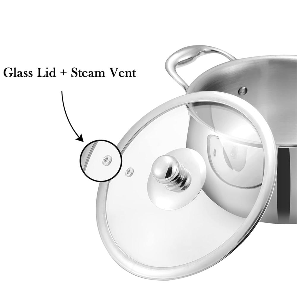 Vinod Belly Shape Platinum Triply Stainless Steel Saucepot - 3.7 Litre, 20cm | Glass Lid | Biryani Pot | Rivetted Handle | Induction & Gas Base - 5 Year Warranty