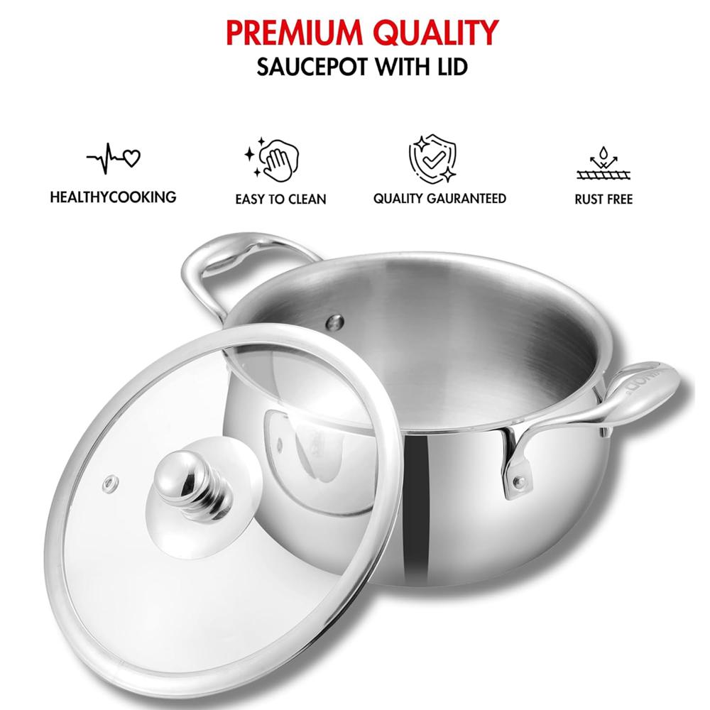 Vinod Belly Shape Platinum Triply Stainless Steel Saucepot - 3.7 Litre, 20cm | Glass Lid | Biryani Pot | Rivetted Handle | Induction & Gas Base - 5 Year Warranty