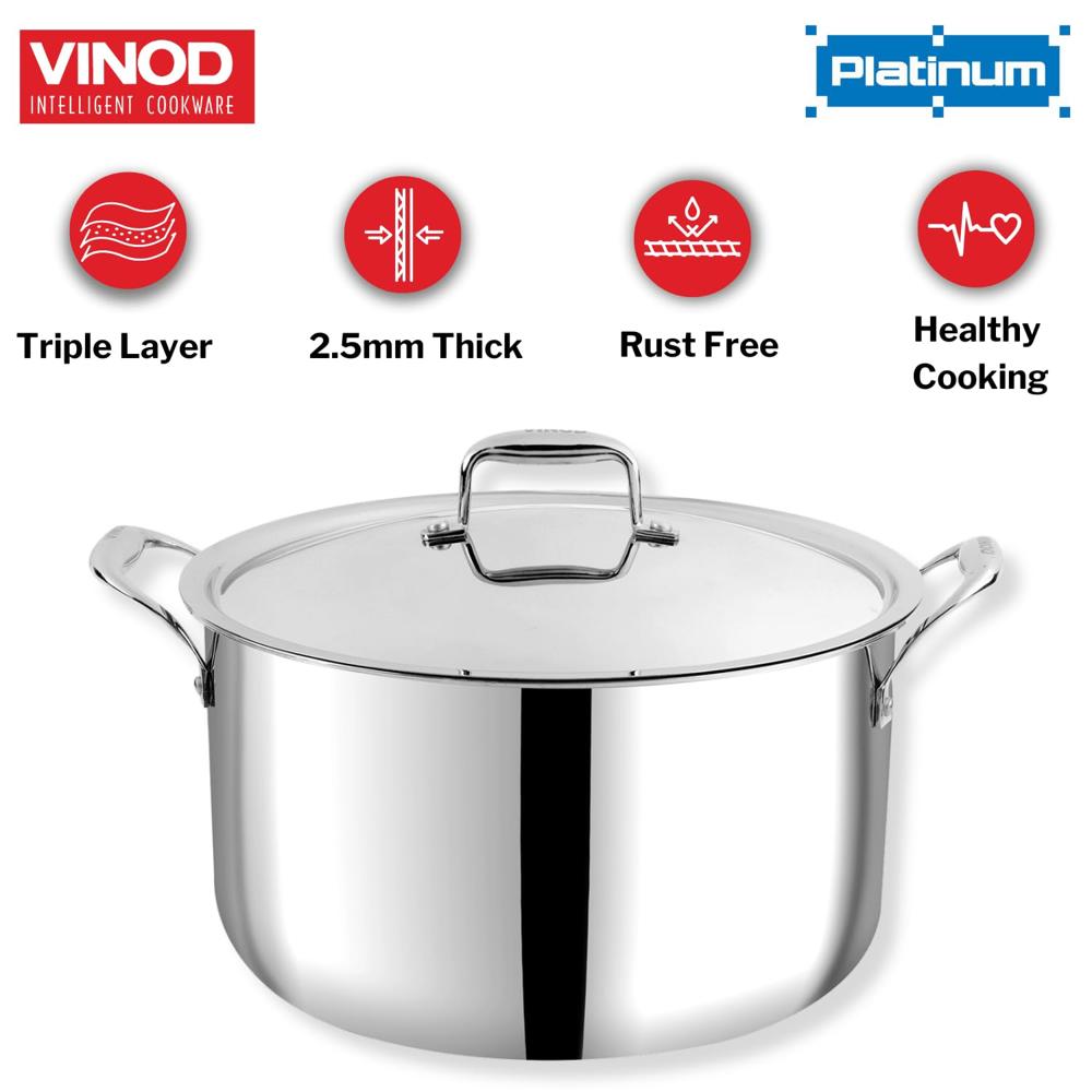 Vinod Platinum Triply Stainless Steel Biryani/Sauce Pot with Lid - 11 Liters, 30 cm | Heavy Bottom | Multipurpose Cooking Pot | Riveted Handles | Induction & Gas Compatible