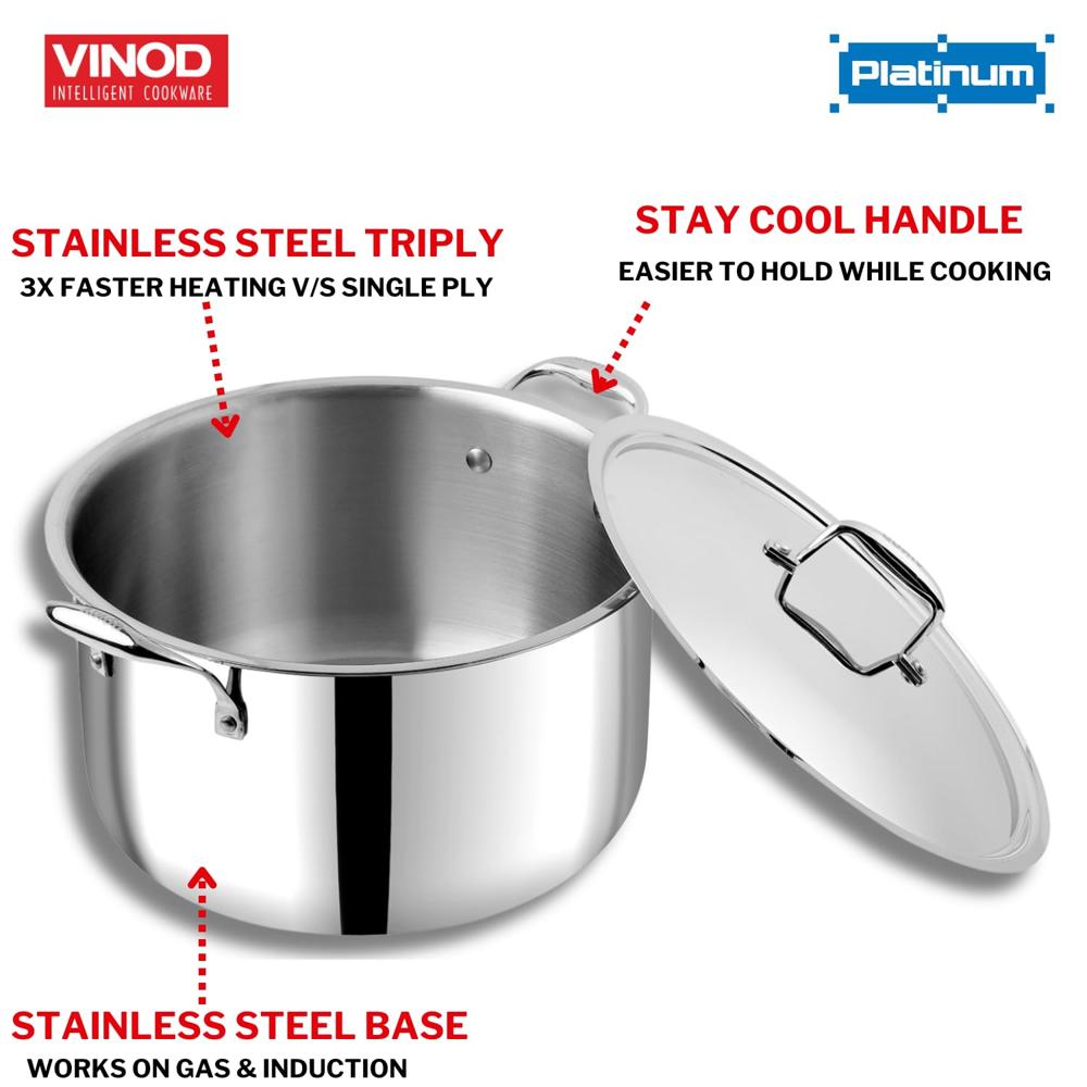 Vinod Platinum Triply Stainless Steel Biryani/Sauce Pot with Lid - 11 Liters, 30 cm | Heavy Bottom | Multipurpose Cooking Pot | Riveted Handles | Induction & Gas Compatible
