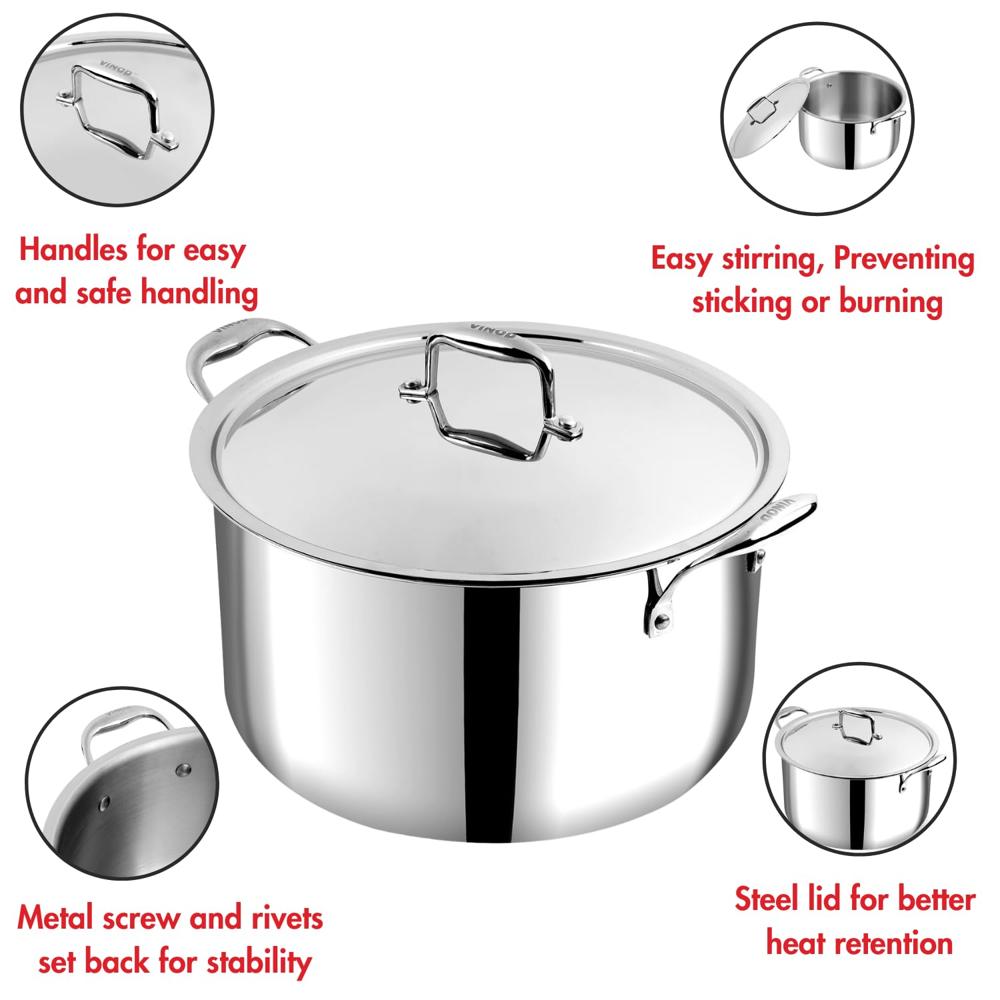 Vinod Platinum Triply Stainless Steel Biryani/Sauce Pot with Lid - 11 Liters, 30 cm | Heavy Bottom | Multipurpose Cooking Pot | Riveted Handles | Induction & Gas Compatible