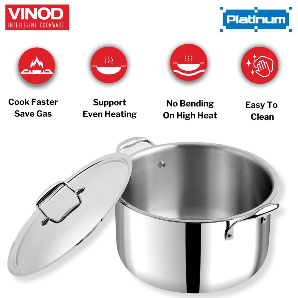 Vinod Platinum Triply Stainless Steel Biryani/Sauce Pot with Lid - 11 Liters, 30 cm | Heavy Bottom | Multipurpose Cooking Pot | Riveted Handles | Induction & Gas Compatible