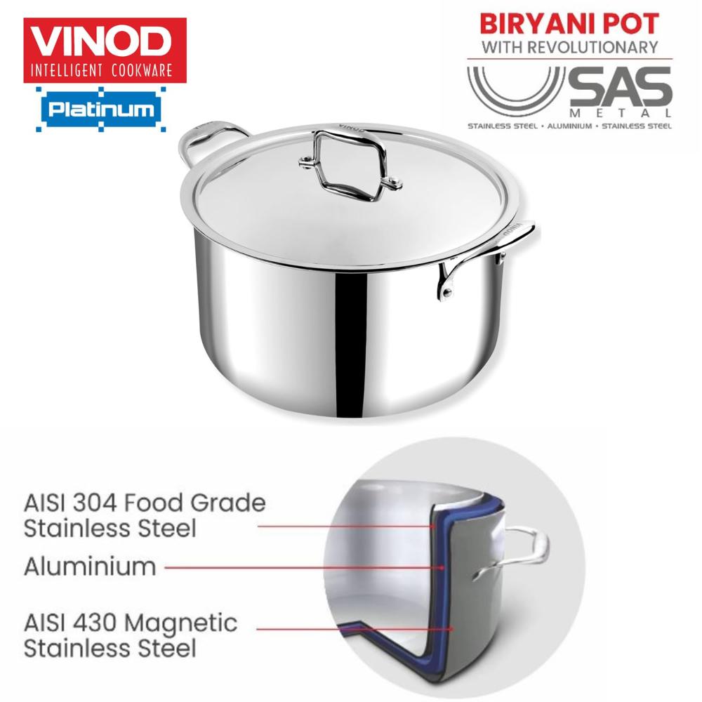 Vinod Platinum Triply Stainless Steel Biryani/Sauce Pot with Lid - 11 Liters, 30 cm | Heavy Bottom | Multipurpose Cooking Pot | Riveted Handles | Induction & Gas Compatible