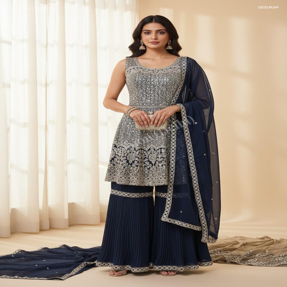 SH-10003 Georgette Sharara Sequin Suit